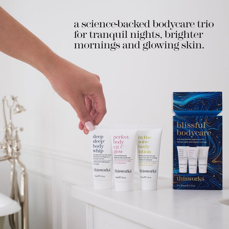 مجموعة العناية بالجسم من ذيس وركس - كريم الجسم ديب سليب، كريم الجسم بيرفكت بودي فيت سي جلو، لوشن الجسم إن ذا زون (30 مل لكل منها) - مرطبات بحجم مناسب للسفر - Image 3